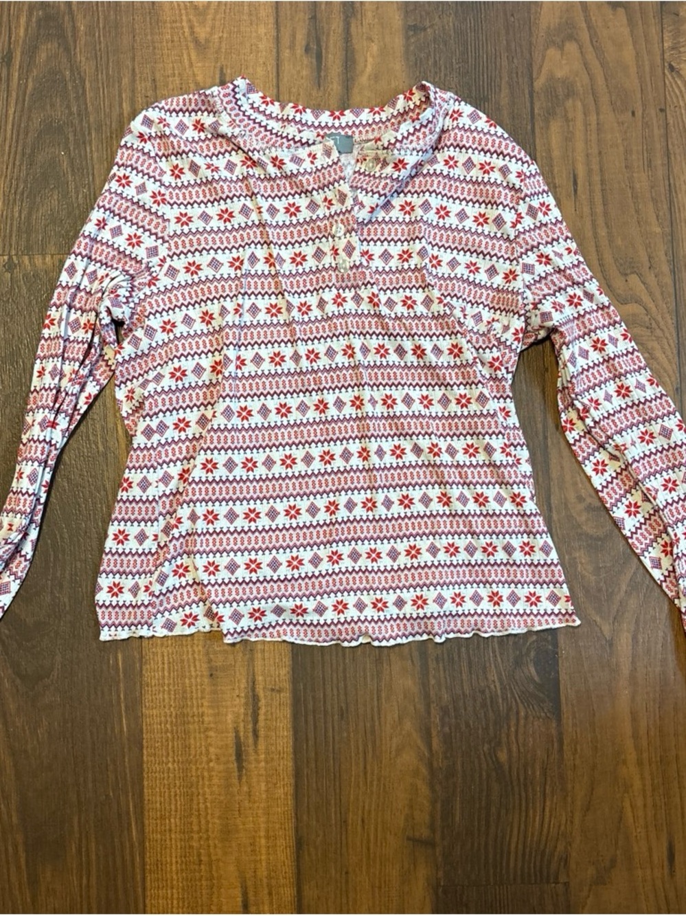 LOFT Red and White Patterned Long-Sleeve Henley